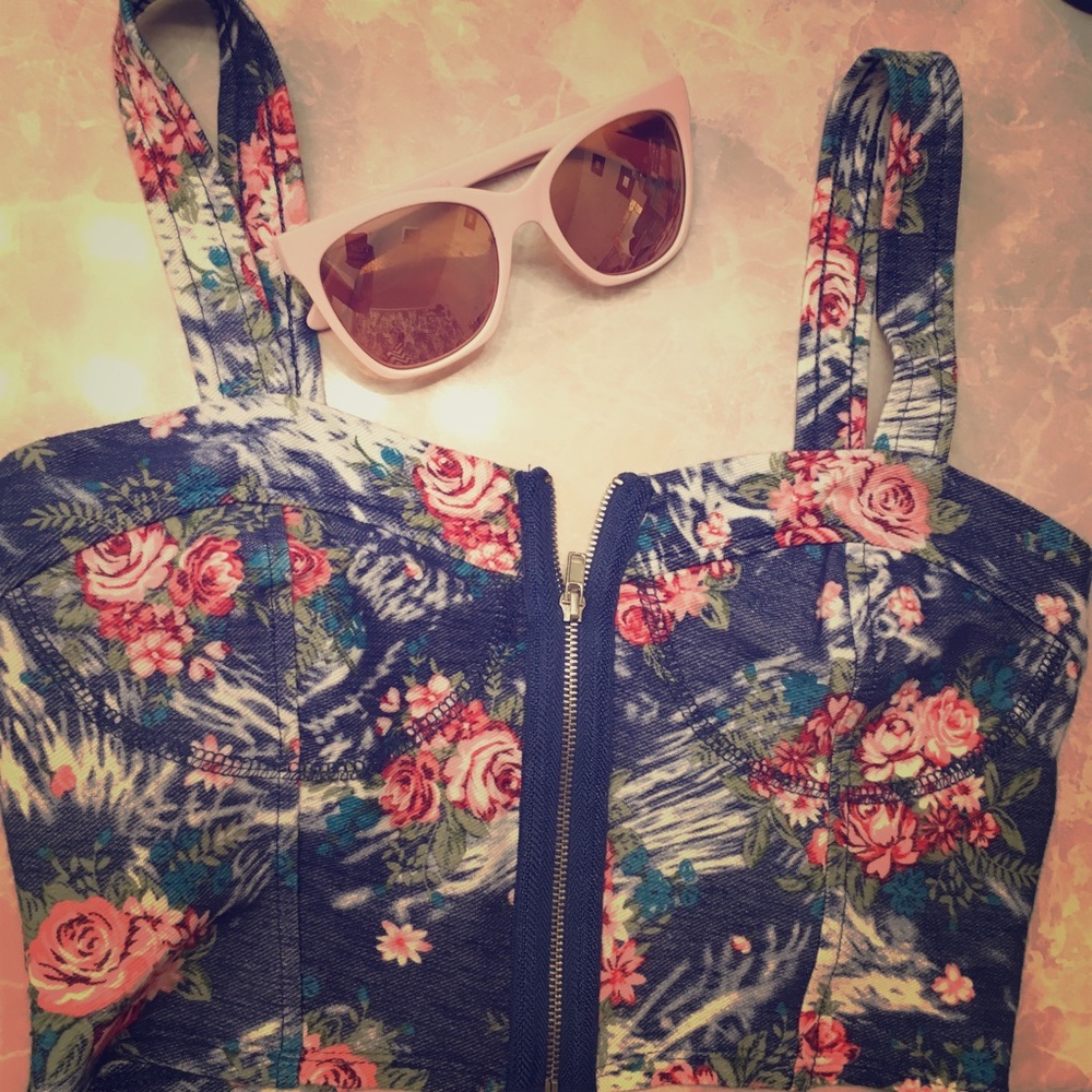 Floral “Denim” Zip Crop